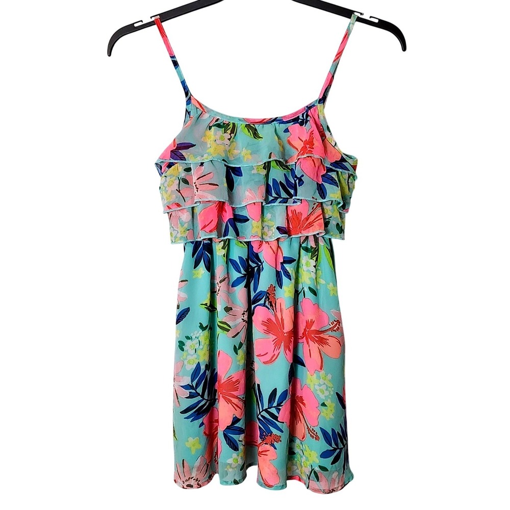 Cherokee Girls Floral Ruffle Dress‎ Size Large 10/12 Sleeveless Aqua Pink Blue